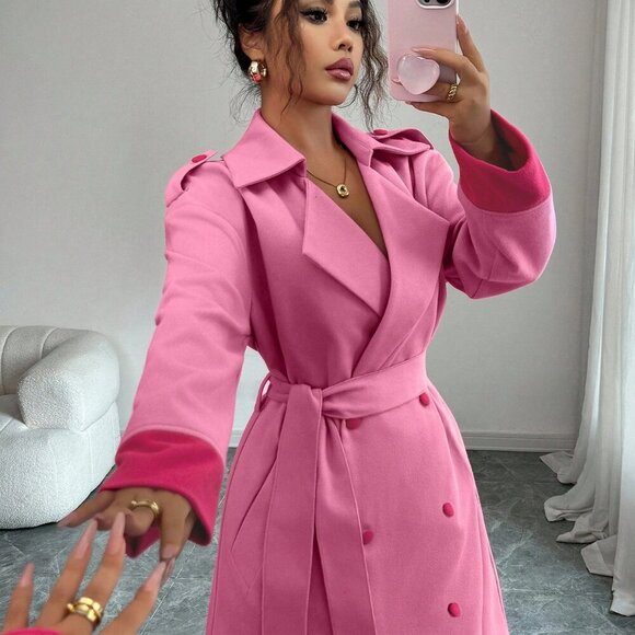 Pink Chic Women's Double breasted Midi trench Overcoat - Picture 6 of 8
